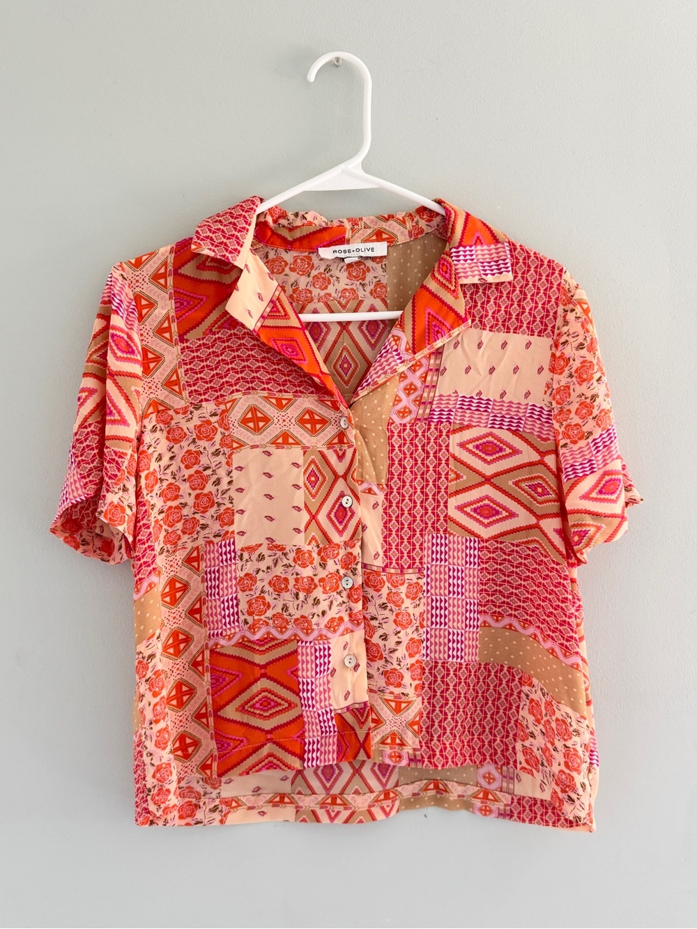 Rose + Olive Patchwork Floral Geometric Button Down Camp Shirt Small